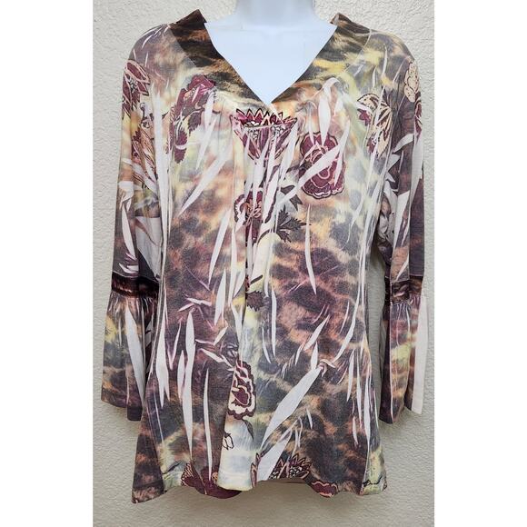 California Bloom Burgundy Green Floral Print Pleated Top Large Bell Sleeves Soft - Picture 1 of 6